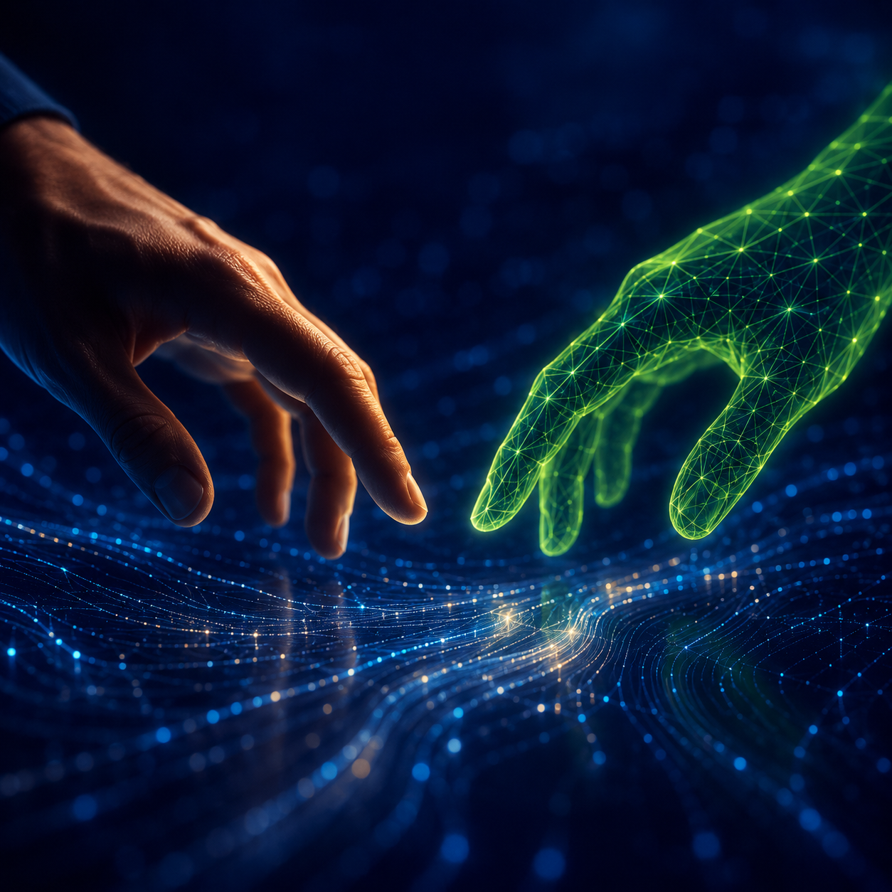 A human hand and a digitally rendered hand suggesting the idea of collaboration between humans and AI on the subject of GEO