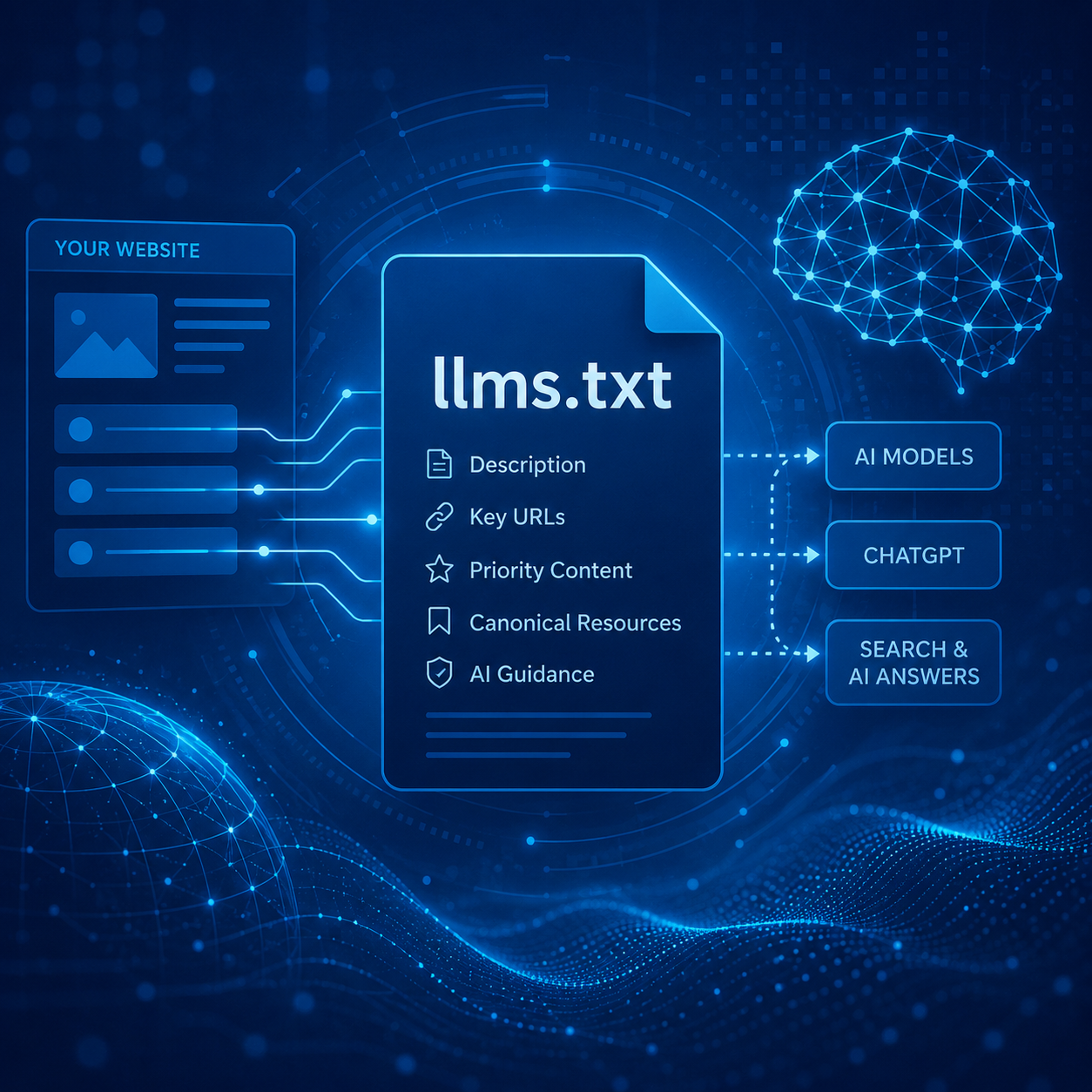 A graphic illustrating where an llms.txt file fits in to the GEO discovery pipeline