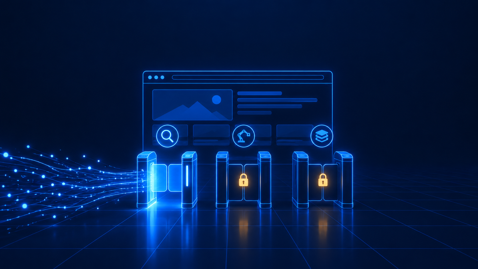 A website behind three glowing turnstiles for search, agent and training crawlers: the search gate is open while the agent and training gates are padlocked