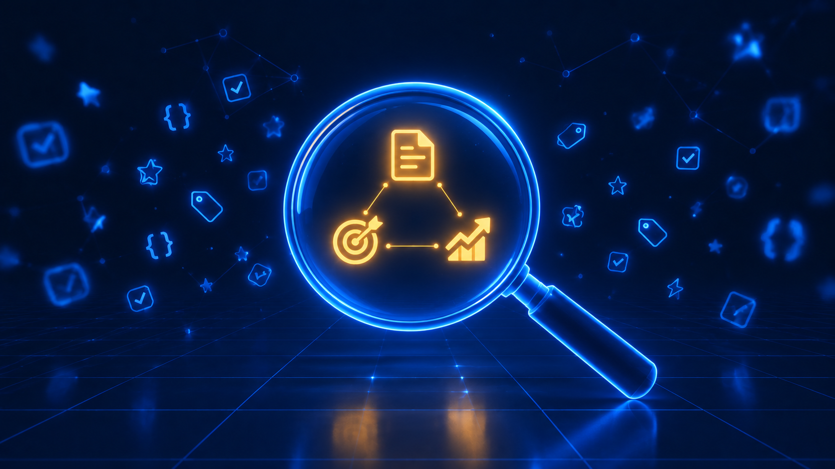 A magnifying glass focuses on three connected icons (a document, a target and a rising chart) while scattered checklist, star and tag icons drift out of focus